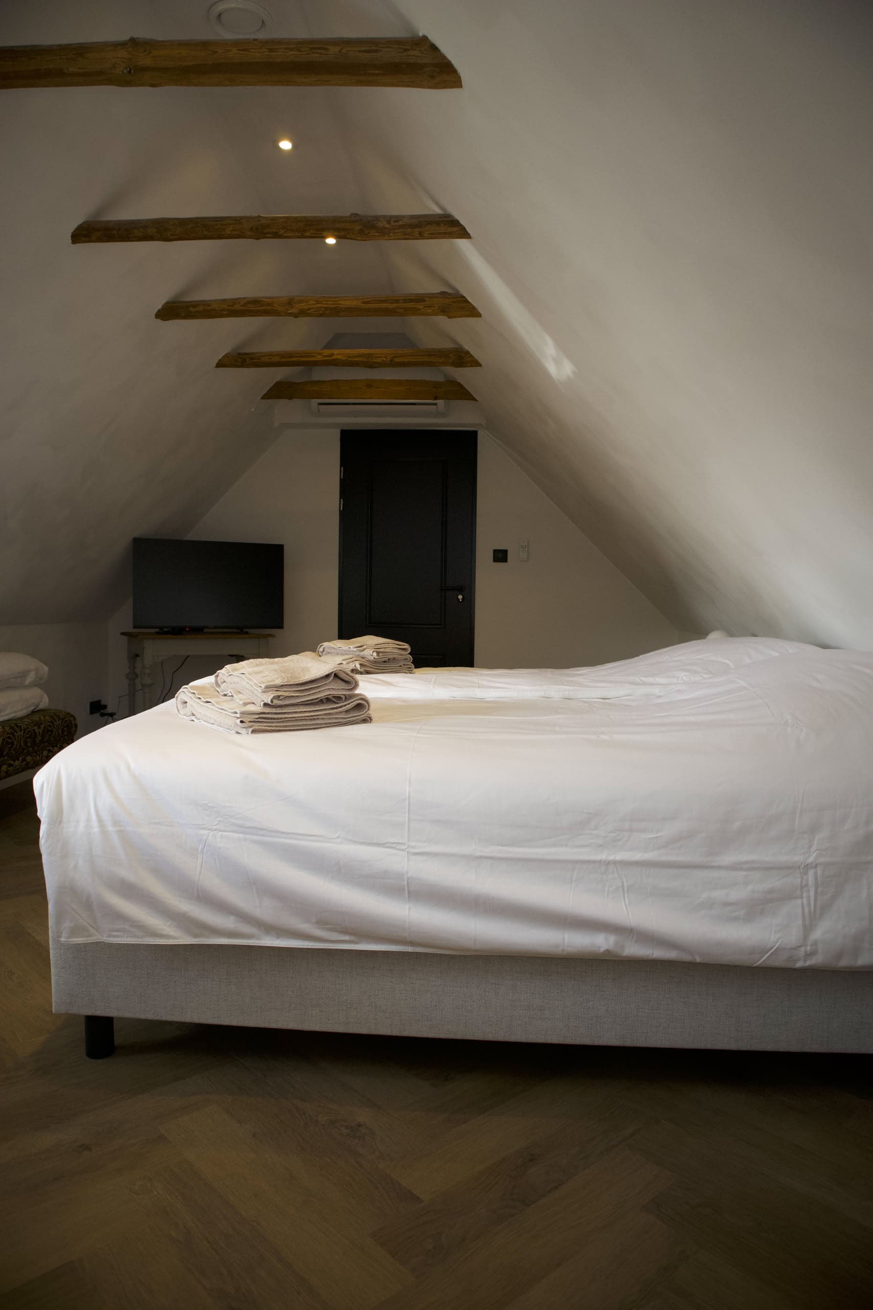 Kamer Orchidee — Koffie- en theefaciliteiten, flatscreen-tv, wifi, airconditioning en verwarming, eigen badkamer met regendouche, wastafel en toilet, koelkast en föhn.