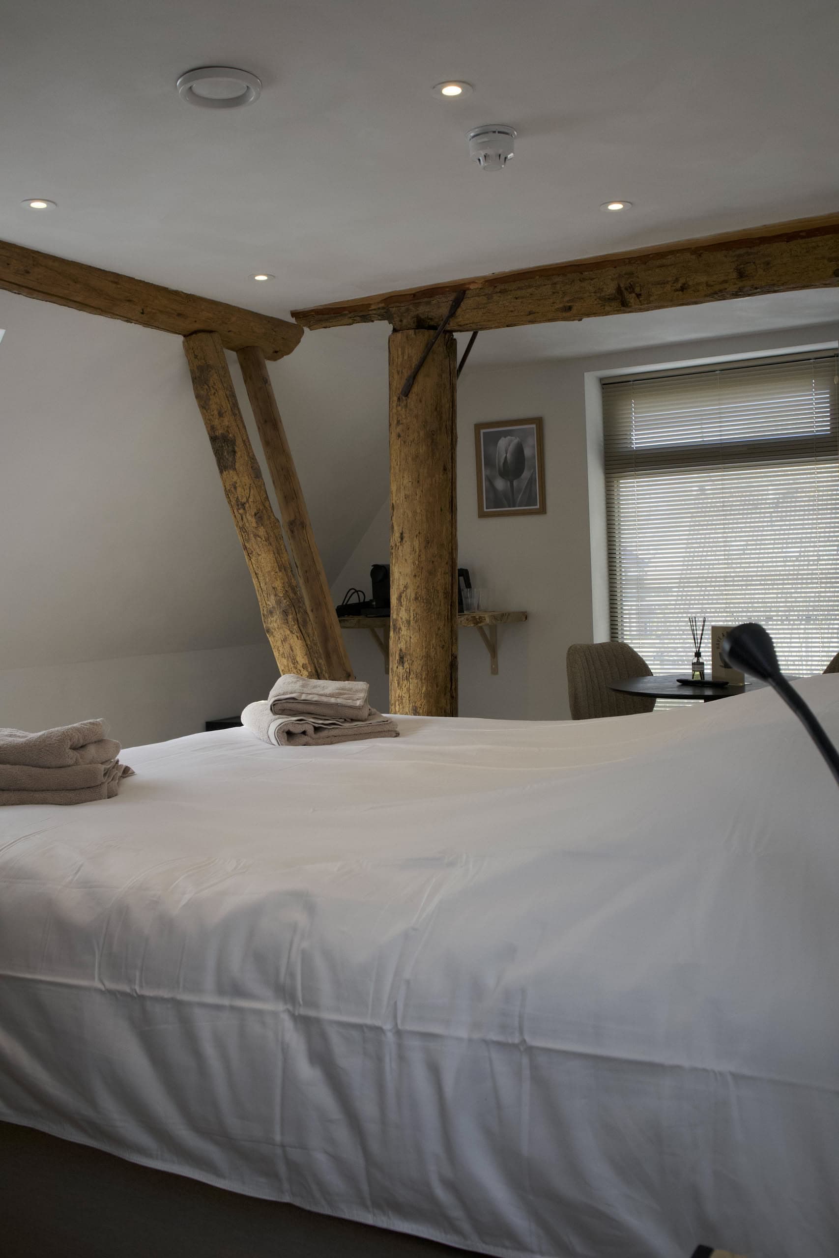 Kamer Tulp — Koffie- en theefaciliteiten, flatscreen-tv, wifi, airconditioning en verwarming, eigen badkamer met regendouche, wastafel en toilet, koelkast en föhn.