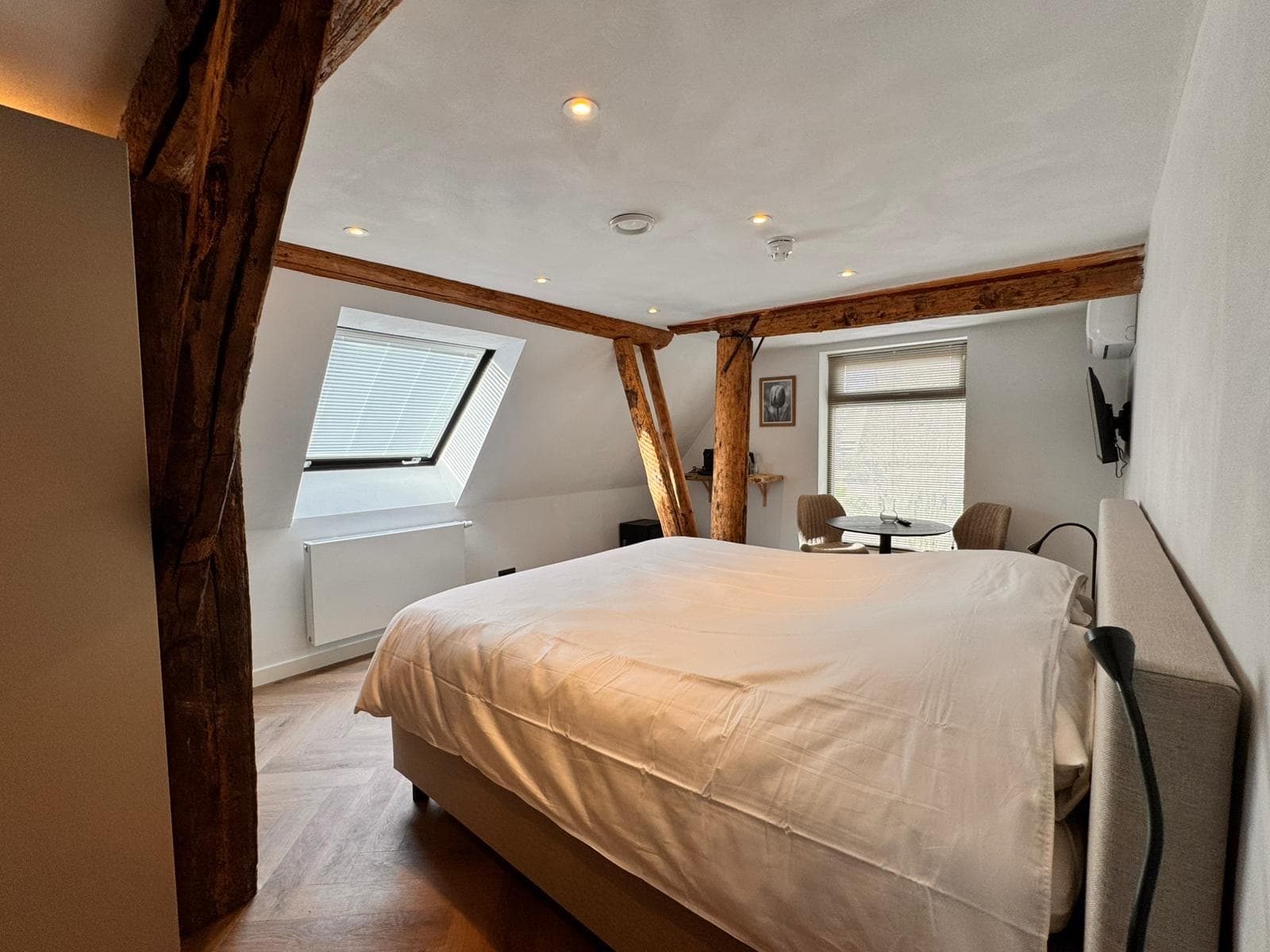 Kamer Tulp — Koffie- en theefaciliteiten, flatscreen-tv, wifi, airconditioning en verwarming, eigen badkamer met regendouche, wastafel en toilet, koelkast en föhn.