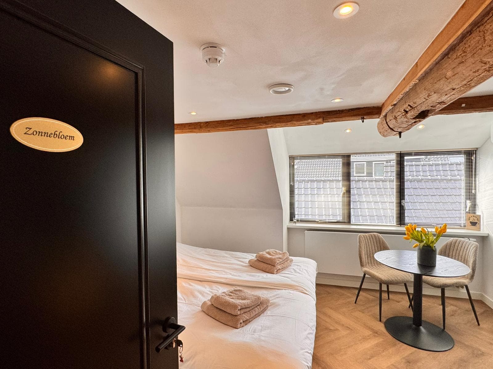 Zimmer Zonnebloem — Kein Flachbild-TV. Kaffee- und Teezubehör, WLAN, Klimaanlage und Heizung, eigenes Bad mit Regendusche, Waschbecken und WC, Kühlschrank und Föhn.